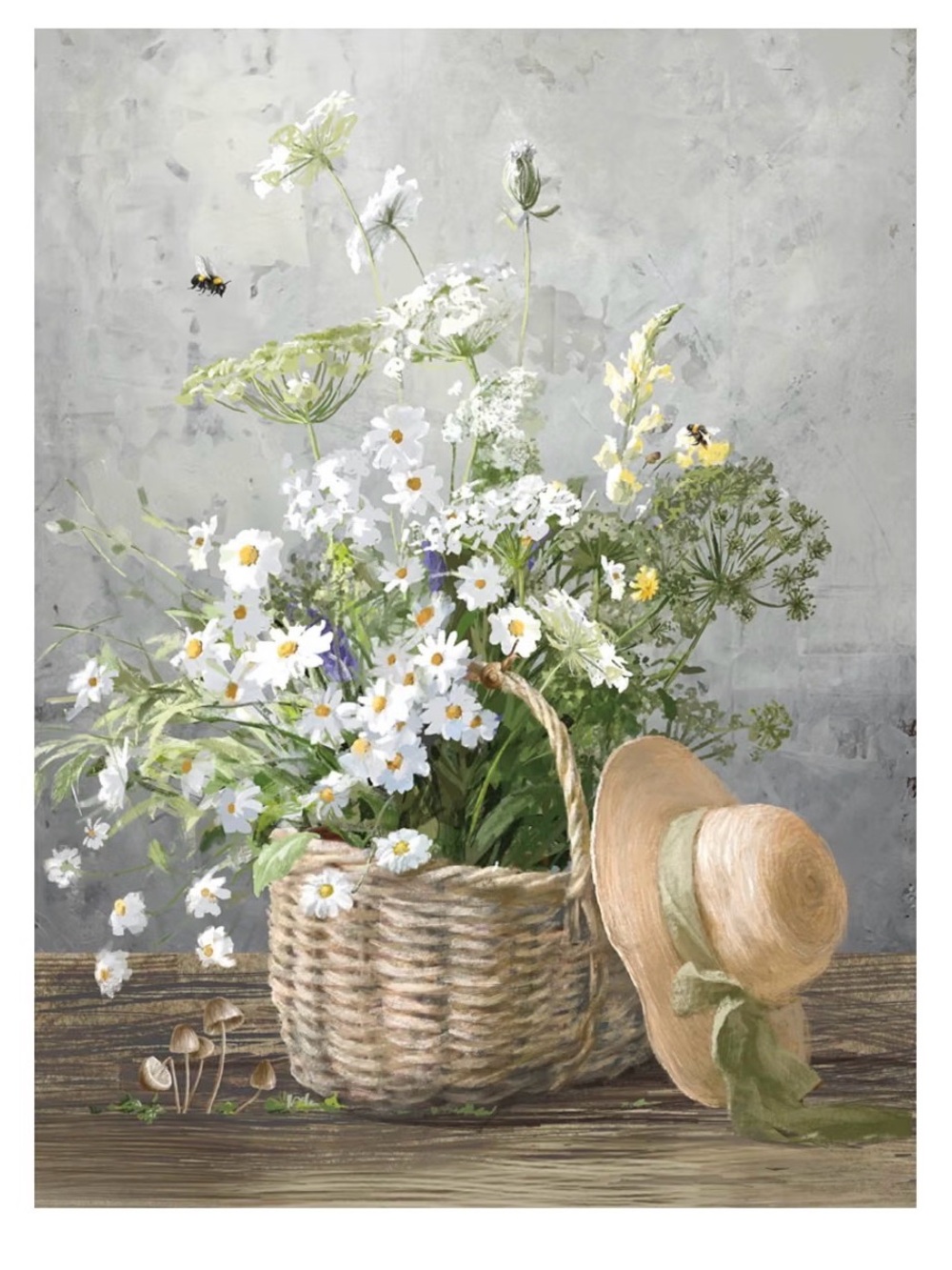 White & Green Floral Basket Wall Art Print with Straw Hat